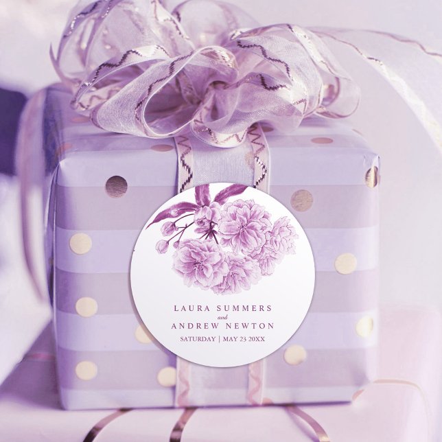 Hochzeit lila Blütenkunst Runder Aufkleber (Von Creator hochgeladen)