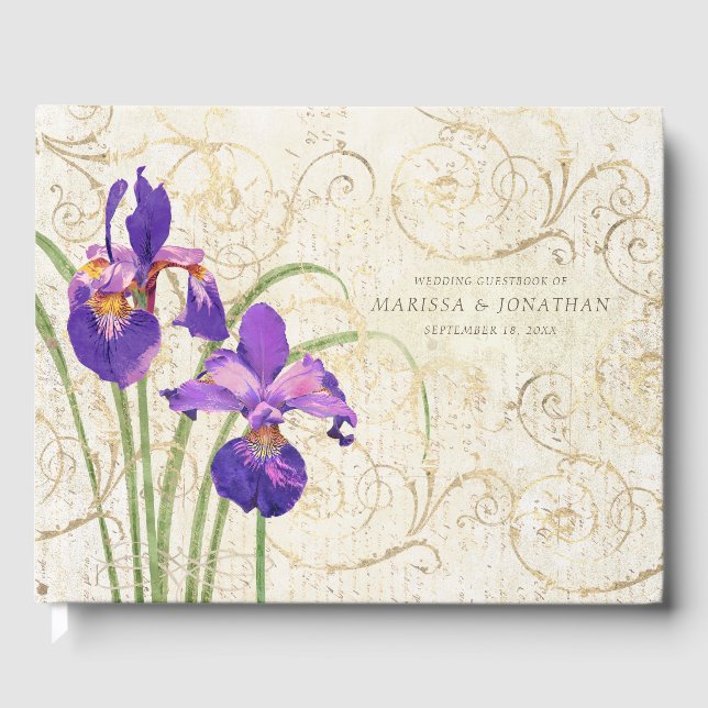 Hochzeit Lila Iris Gold Damask Gästebuch (Vorderseite)