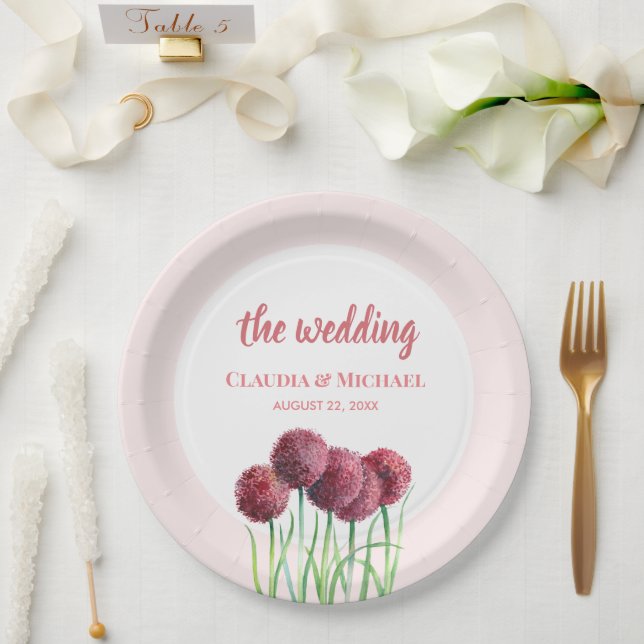 Hochzeit Lila Rosa Alliums Blume Wasserfarben Squa Pappteller (Hochzeit)