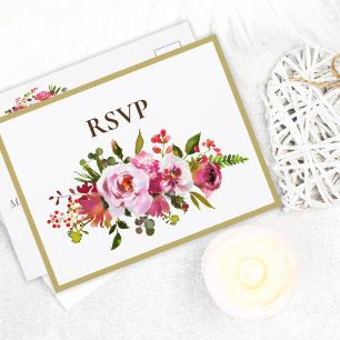 Hochzeit Magenta Pink Coral Floral Gold Border UAW Einladungspostkarte