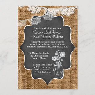 Hochzeit Mason Jar, Spitze, Jute Schiefertafel Einladung