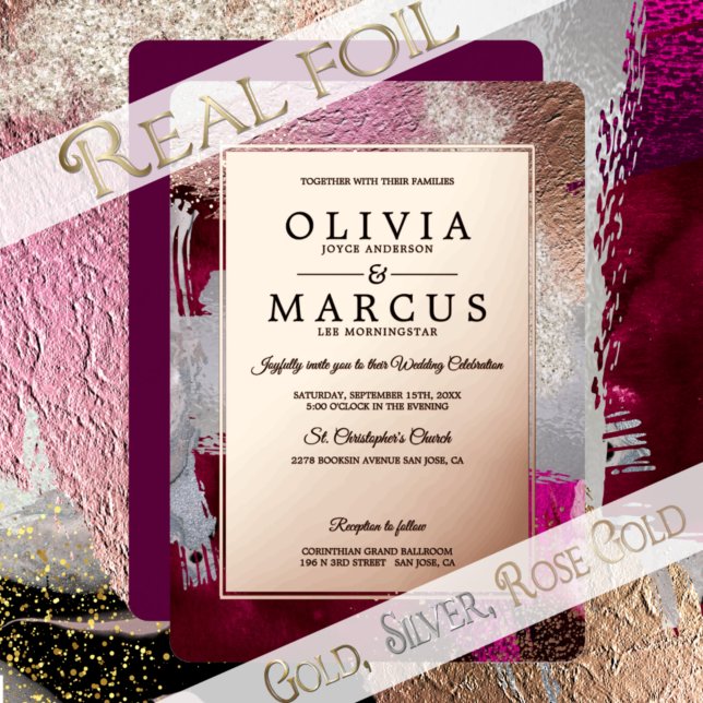 Hochzeit | Metallische Fuchsia Pearl Brush Strokes Folieneinladung (Von Creator hochgeladen)