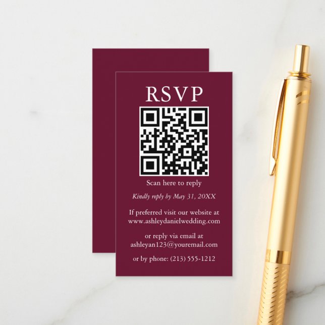 Hochzeit Minimalistische QR UAWG Burgundy Begleitkarte (Vorderseite/Rückseite Beispiel)