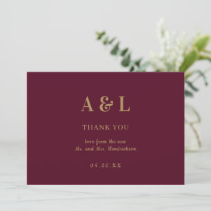 Hochzeit Minimalistischer Monogram Burgundy Gold Dankeskarte