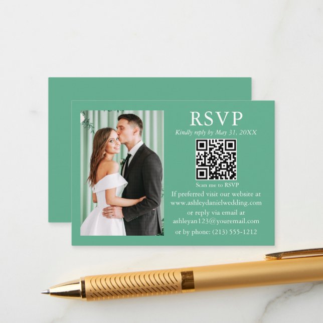 Hochzeit Minimalistisches Foto Neo Mint Green QR U Begleitkarte (Vorderseite/Rückseite Beispiel)