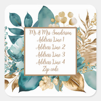Hochzeit mit aquamarinen und goldenen Blumen Quadratischer Aufkleber