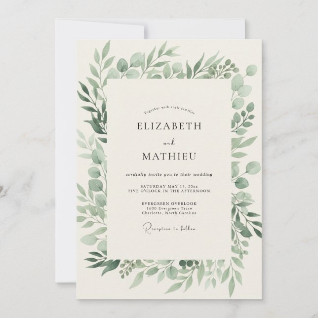 Hochzeit mit blassem Olivenblatt Einladung (Vorderseite)