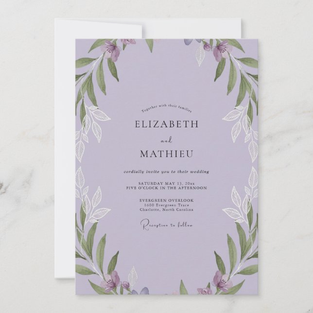 Hochzeit mit blasslila Blättern Einladung (Vorderseite)