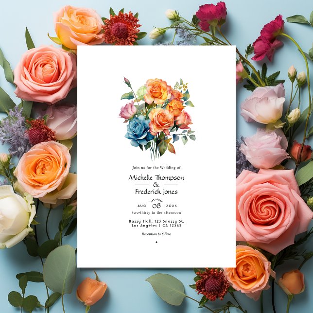 Hochzeit mit Blau, Rosa, Orange und grüner Blüte Einladung (Von Creator hochgeladen)