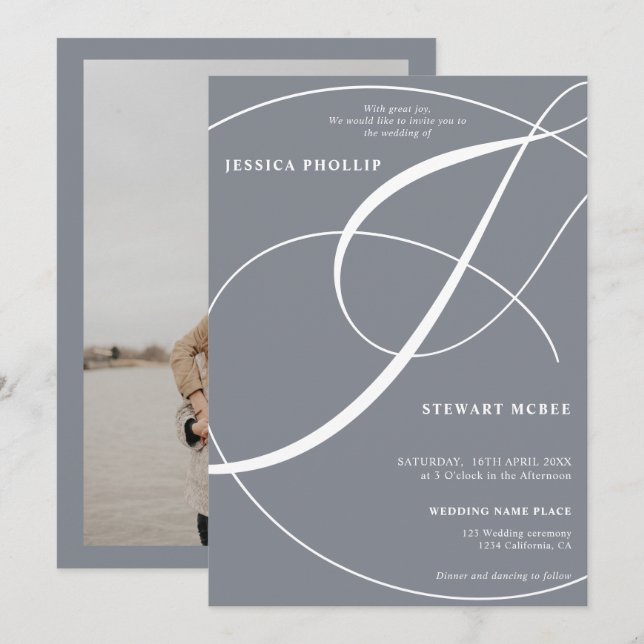 Hochzeit mit blauem Foto Einladung (Vorne/Hinten)