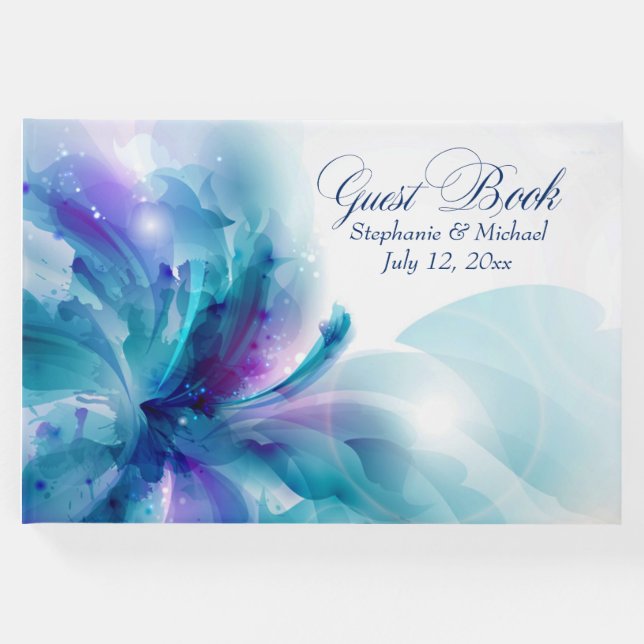 Hochzeit mit blauem und Lila Blumenmuster Gästebuch (Vorderseite)