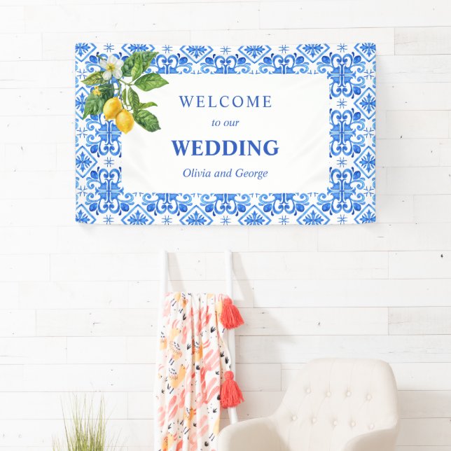 Hochzeit mit blauen Kacheln und Zitronen Banner (Insitu)