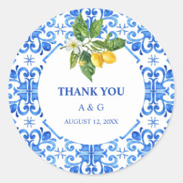 Hochzeit mit blauen Kacheln und Zitronen Runder Aufkleber