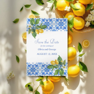 Hochzeit mit blauen Kacheln und Zitronen Save The Date