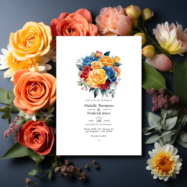Hochzeit mit Blauer, Orange, Gelb und Roter Flora Einladung (Von Creator hochgeladen)