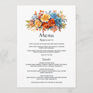 Hochzeit mit Blauer, Orange, Gelb und Roter Flora Menükarte