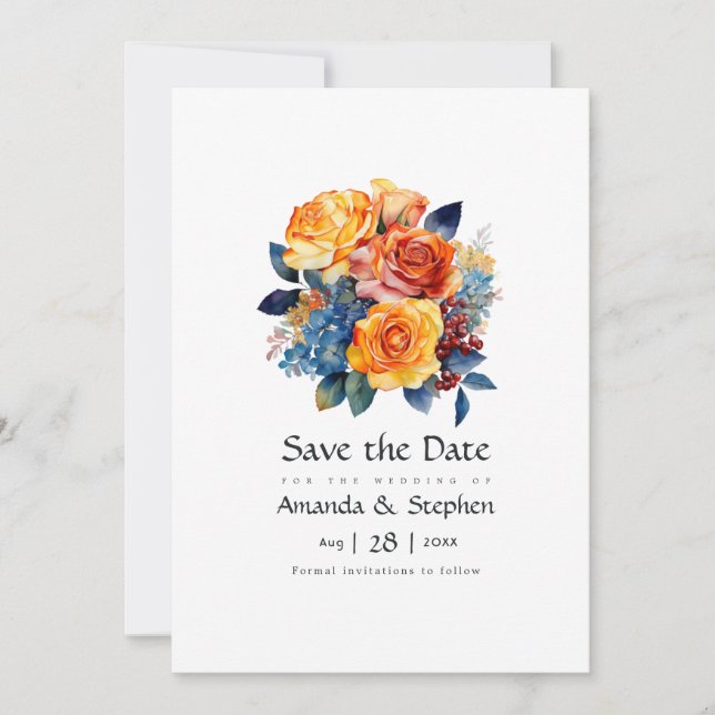 Hochzeit mit Blauer, Orange, Gelb und Roter Flora Save The Date (Vorderseite)