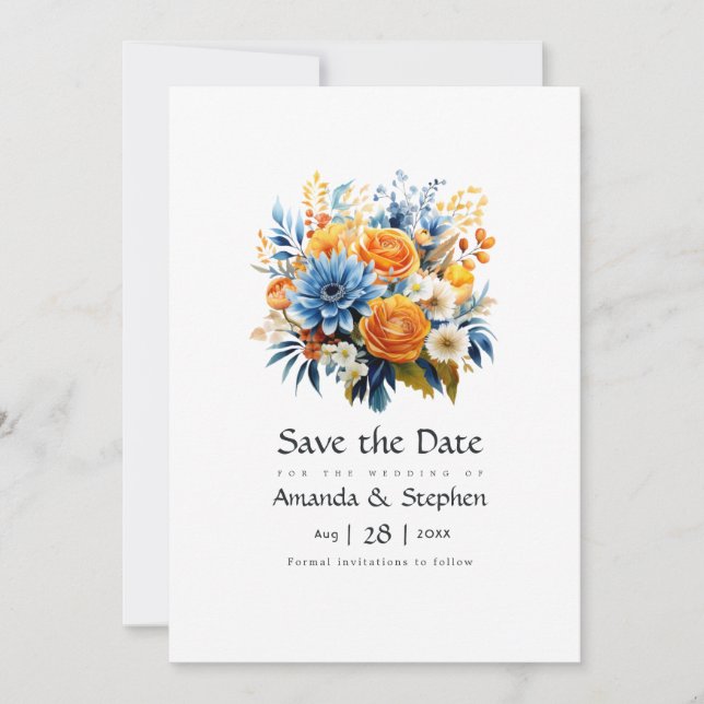 Hochzeit mit Blauer, Orange und Gelb Save The Date (Vorderseite)