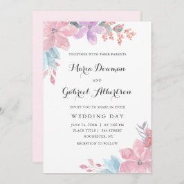 Hochzeit mit Blumen in Aquarellfarbe. Blauer Garte Einladung