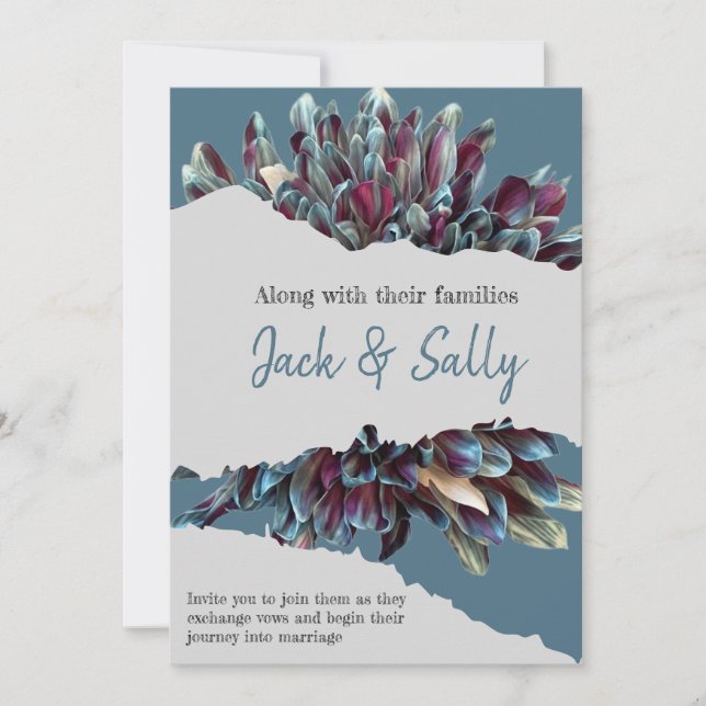 Hochzeit mit Blumen in Blau und Weiß Einladung (Vorderseite)