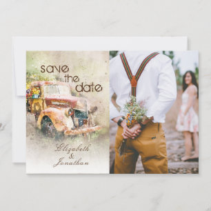 Hochzeit mit Blumen und rustikalem Lastwagen im Vi Save The Date