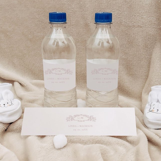 Hochzeit mit botanischem Wappen in eleganter Rose Wasserflaschenetikett (Von Creator hochgeladen)