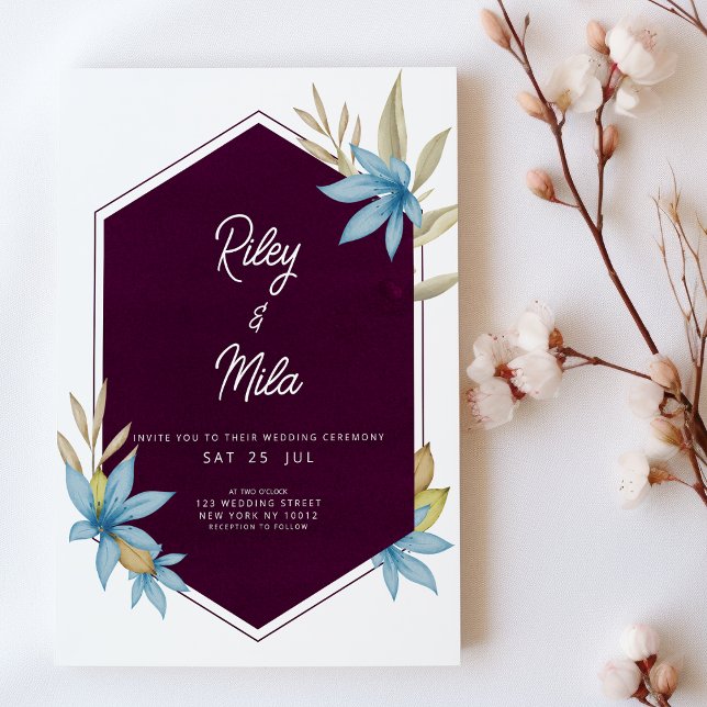 Hochzeit mit brauner Blüte in Bordeaux Einladung (Geometric burgundy brown blue floral Wedding )