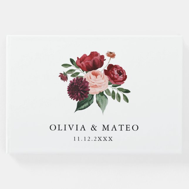 Hochzeit mit Burgund und Blütenblütenblüte Gästebuch (Vorderseite)