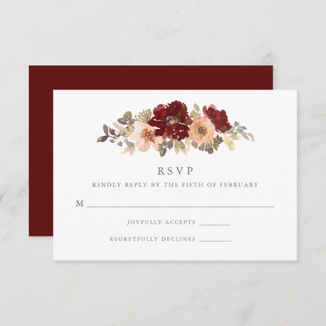 Hochzeit mit Burgund und Peach Floral RSVP Karte (Vorne/Hinten)