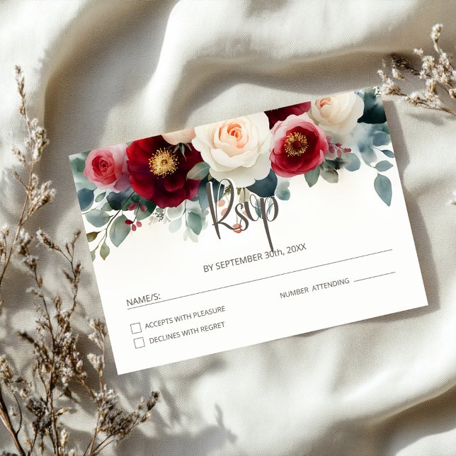 Hochzeit mit Burgund und Weiße Flora RSVP Karte (Von Creator hochgeladen)