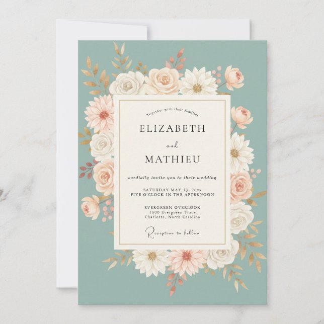 Hochzeit mit Celadon-Gänseblümchen-Kranz Einladung (Vorderseite)