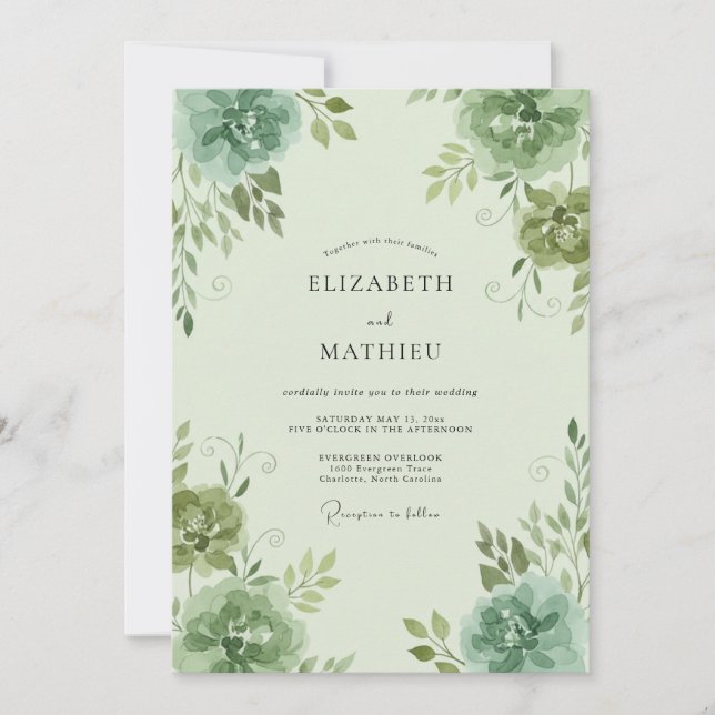 Hochzeit mit Celadon-Ranunculus und Eukalyptus Einladung (Vorderseite)