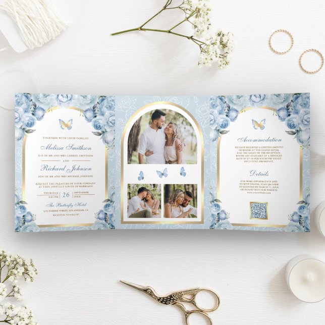 Hochzeit mit dem Soft Blue Floral Gold Arch Butter Dreifach Gefaltete Einladung (Von Creator hochgeladen)