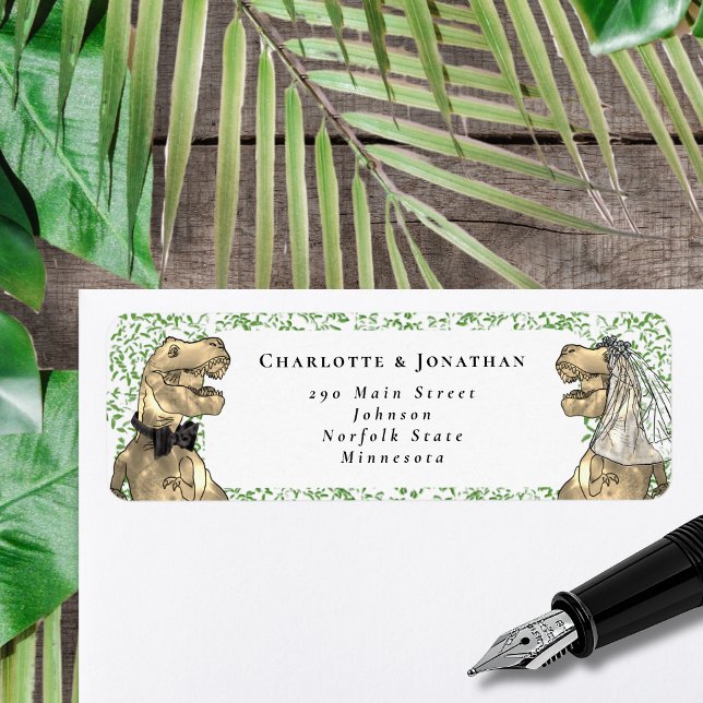 Hochzeit mit Dinosaurier-Motiv Benutzerdefinierte  (T-Rex bride and groom dinosaur wedding invitation return address label Watercolor foliage )