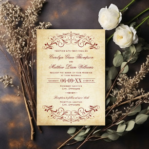 Hochzeit mit dunkelrotem Scroll auf altem Pergamen Einladung