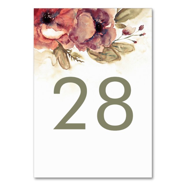 Hochzeit mit floralen Watercolor Tischnummer (Vorderseite)