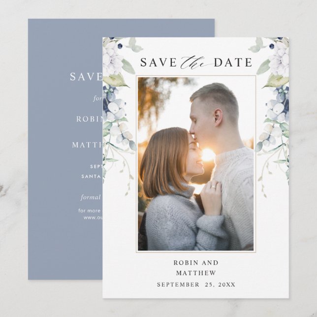 Hochzeit mit Foto, Blau und Weiß Save The Date (Vorne/Hinten)
