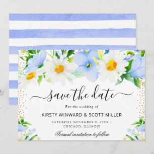 Hochzeit mit Gänseblümchen und blauen Sommerblumen Save The Date