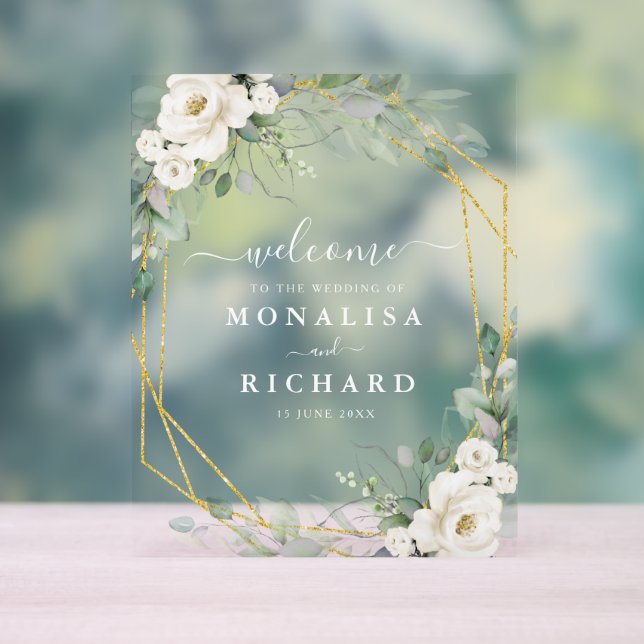 Hochzeit mit geometrischem Gold und weißem Blumen Acrylschild (Neutral)