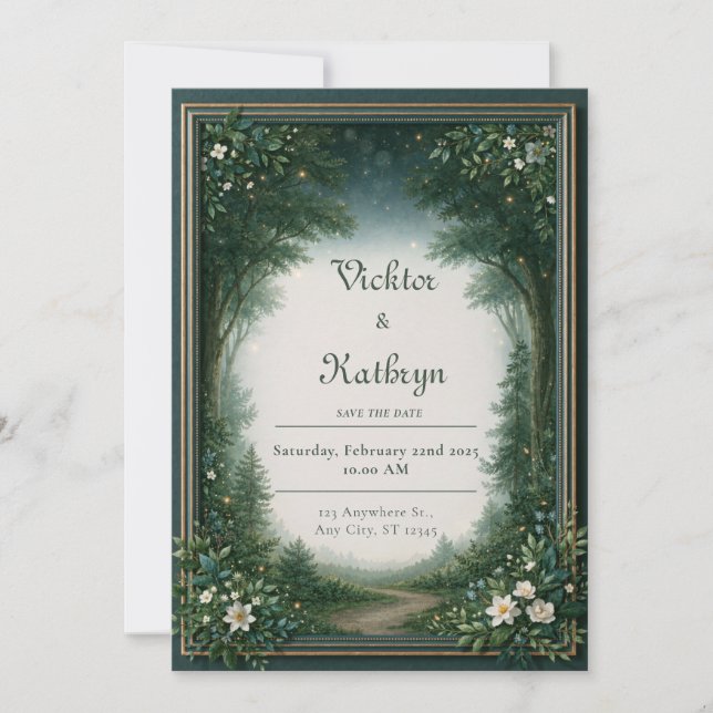 Hochzeit mit Glühwürmchen-Smaragd-Waldgrenze Einladung (Vorderseite)