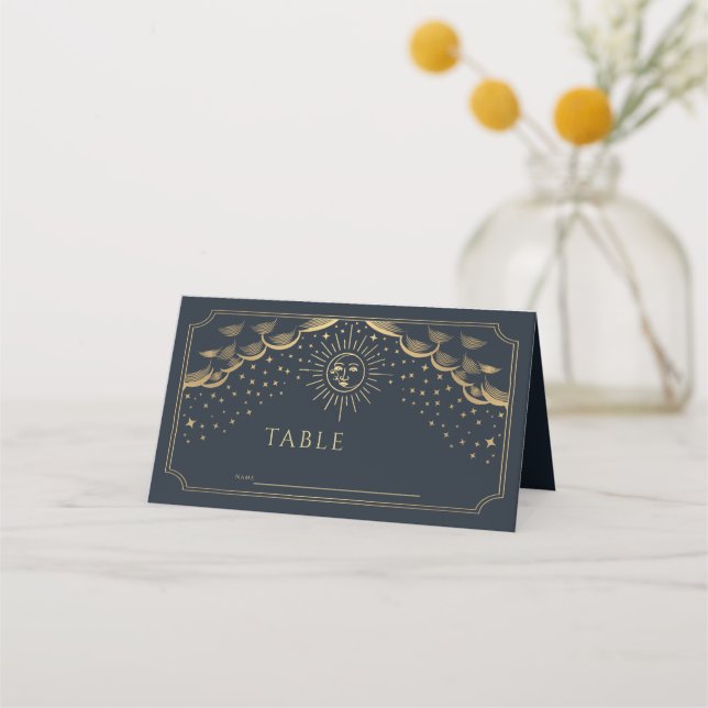 Hochzeit mit Gold & Navy Sun and Moon Tarot Card Platzkarte (Vorderseite)