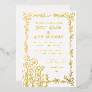 Hochzeit mit Gold und Weiß-Blumen Folieneinladung