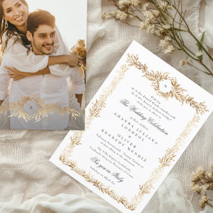 Hochzeit mit goldfarbenem Rahmen, Monogramm Foto Einladung