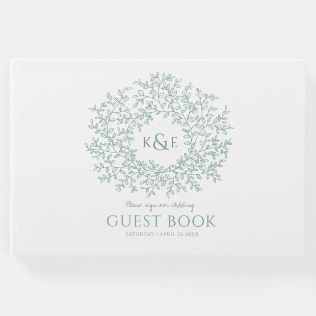 Hochzeit mit graugrünem, weißem Blatt Mono Gästebuch (Vorderseite)
