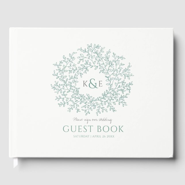 Hochzeit mit graugrünem, weißem Blatt Mono Gästebuch (Vorderseite)
