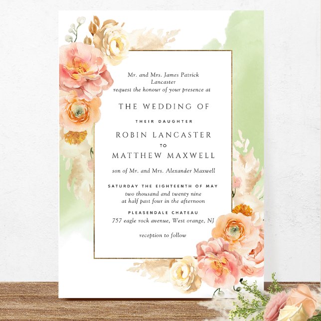 Hochzeit mit grüner Wasserfarbe (Pfirsichblüte) Einladung (Von Creator hochgeladen)