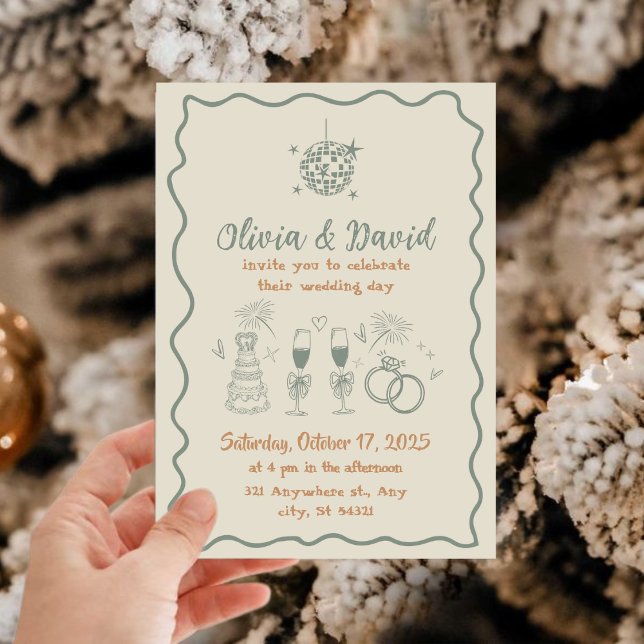 Hochzeit mit handgezogenen Cremen und grünen Schna Einladung (Von Creator hochgeladen)