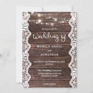 Hochzeit mit Holz, Spitze und Lichterketten Einladung