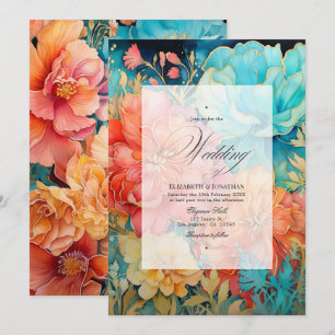 Hochzeit mit Korallen, Türkis und Goldfloral Einladung
