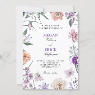 Hochzeit mit lila Blumenkranz Einladung